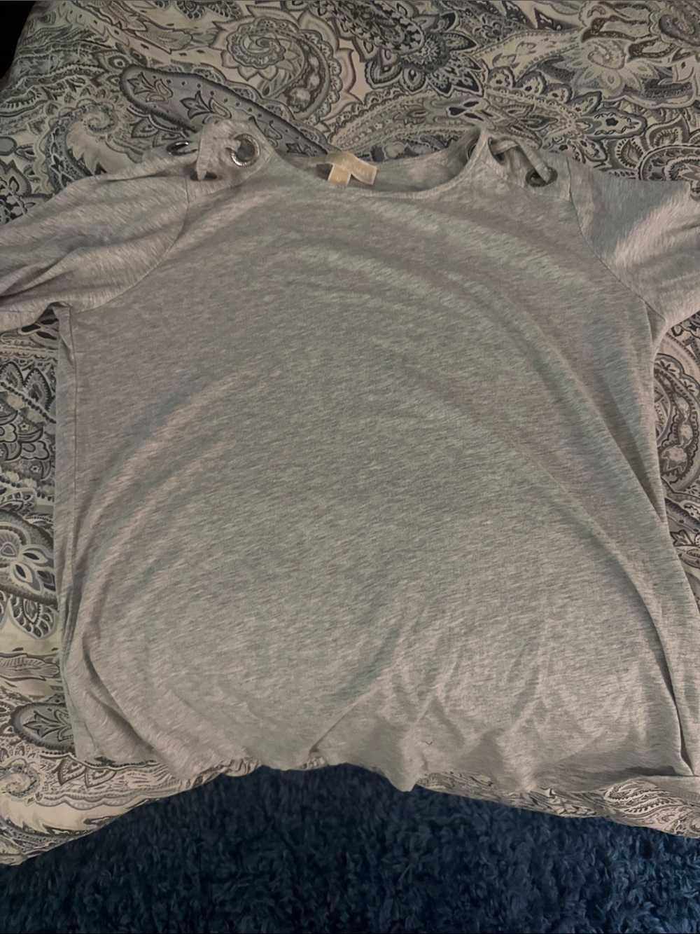 Michael Kors Gray Women's 3/4 Sleeve Top with Rivet detail at the shoulder.